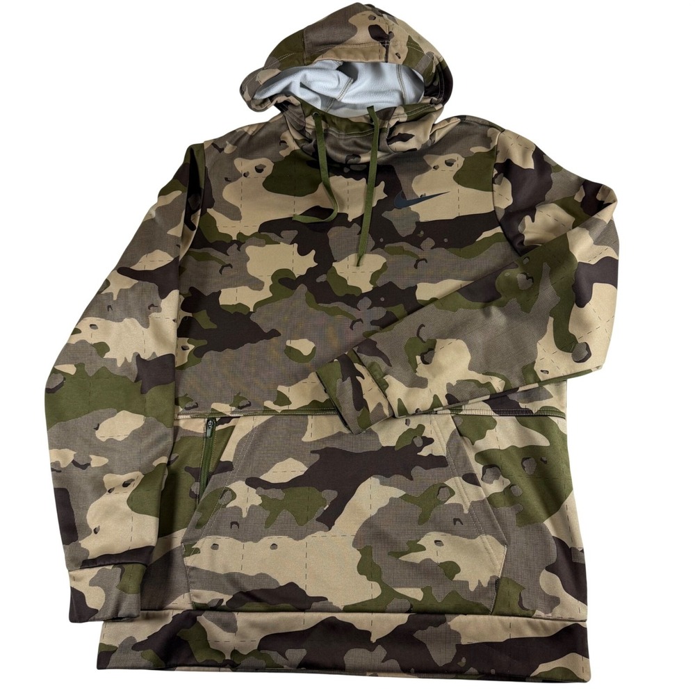 Nike Therma-FIT Mens Camo Hoodie Pullover Green Brown Medium Fleece Sweatshirt